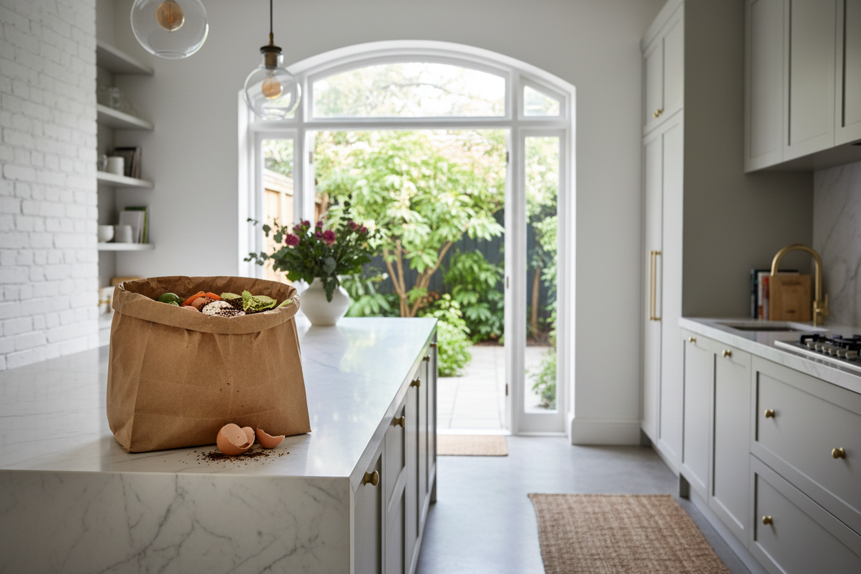 Melbourne FOGO kitchen caddy with Compostar paper bag