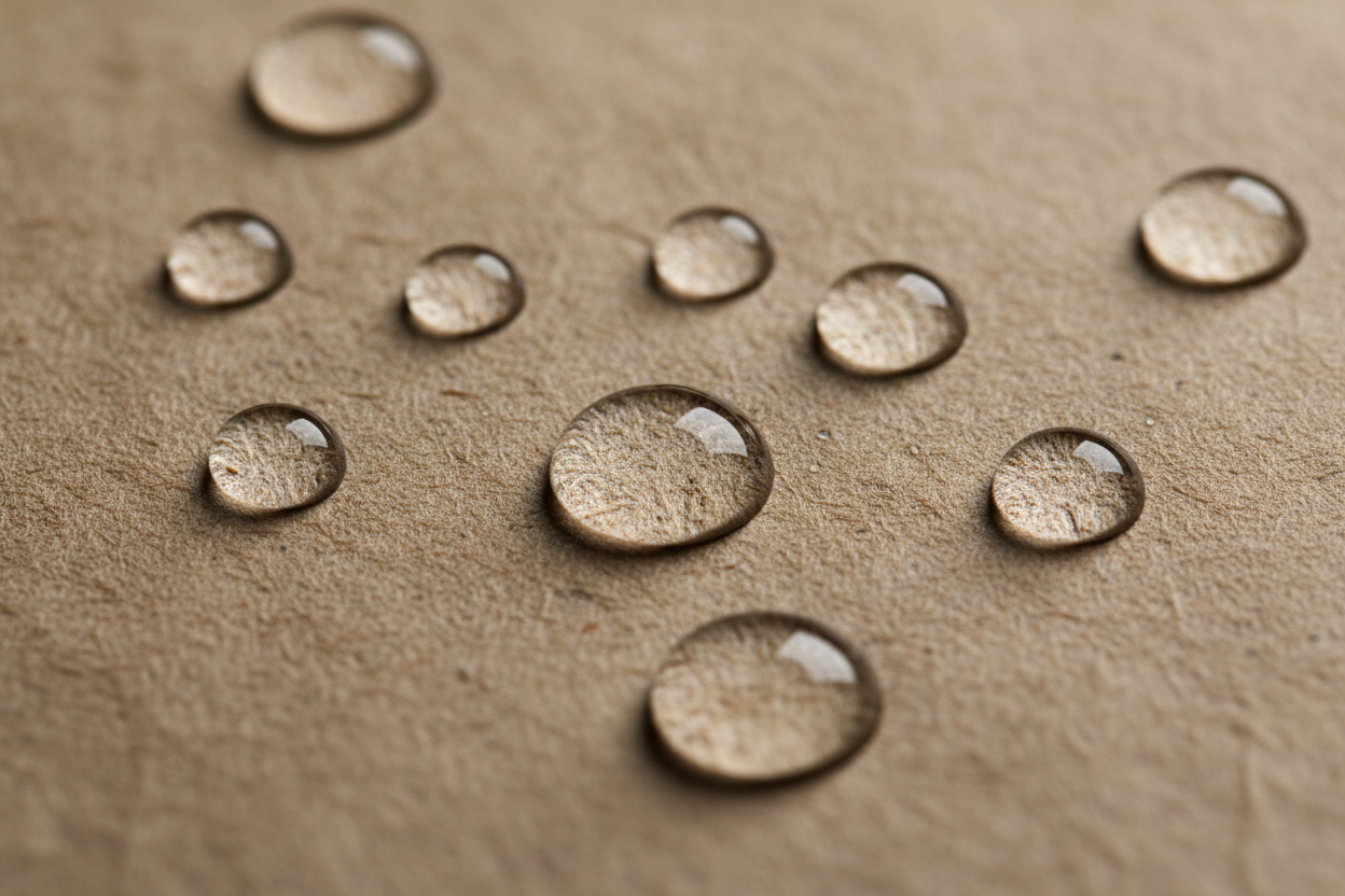 Macro shot demonstrating the 72-hour leak-proof and water-resistant texture of Compostar compostable paper technology.