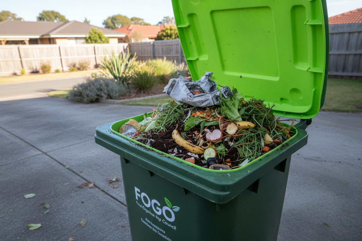 Leak-Proof bin liner full of waste inside a green wheelie bin. Using paper caddy liners as FOGO Bin Liners prevents mess in your Green bin bags Council collection.