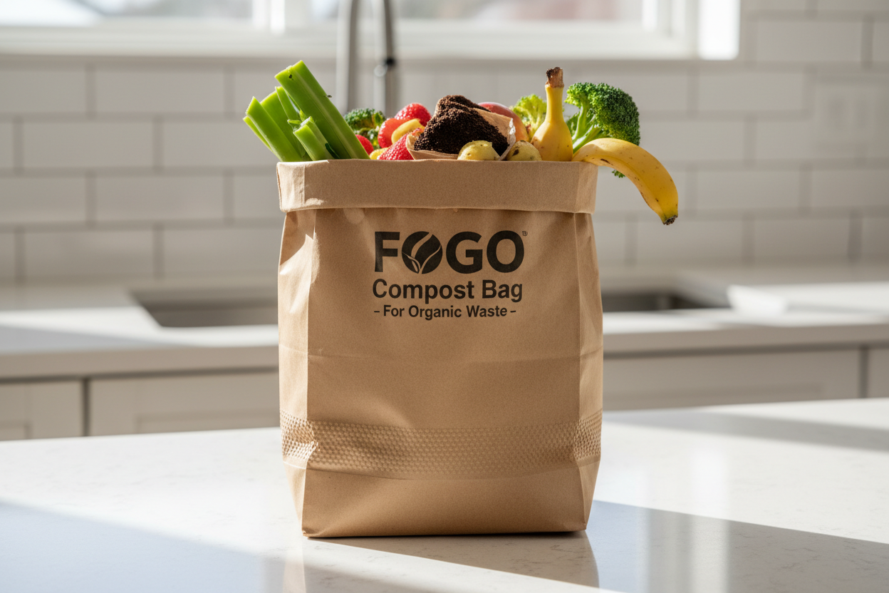Strong, leak-proof Compostar paper FOGO bag standing upright on a kitchen benchtop, filled with wet food scraps but leaving no mess or bin juice.