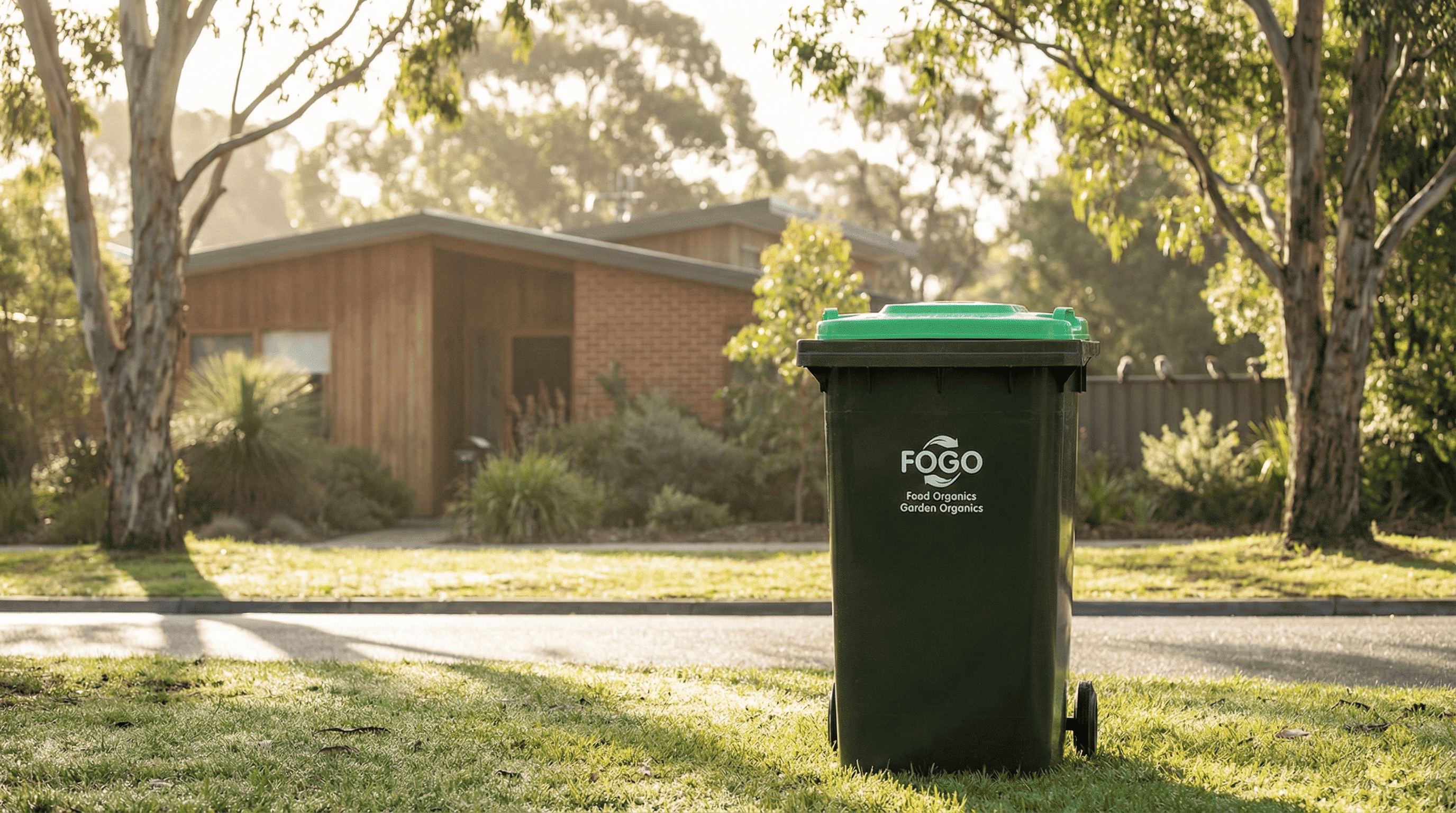 Australian suburban green lid FOGO bin for council waste collection in NSW and Victoria.