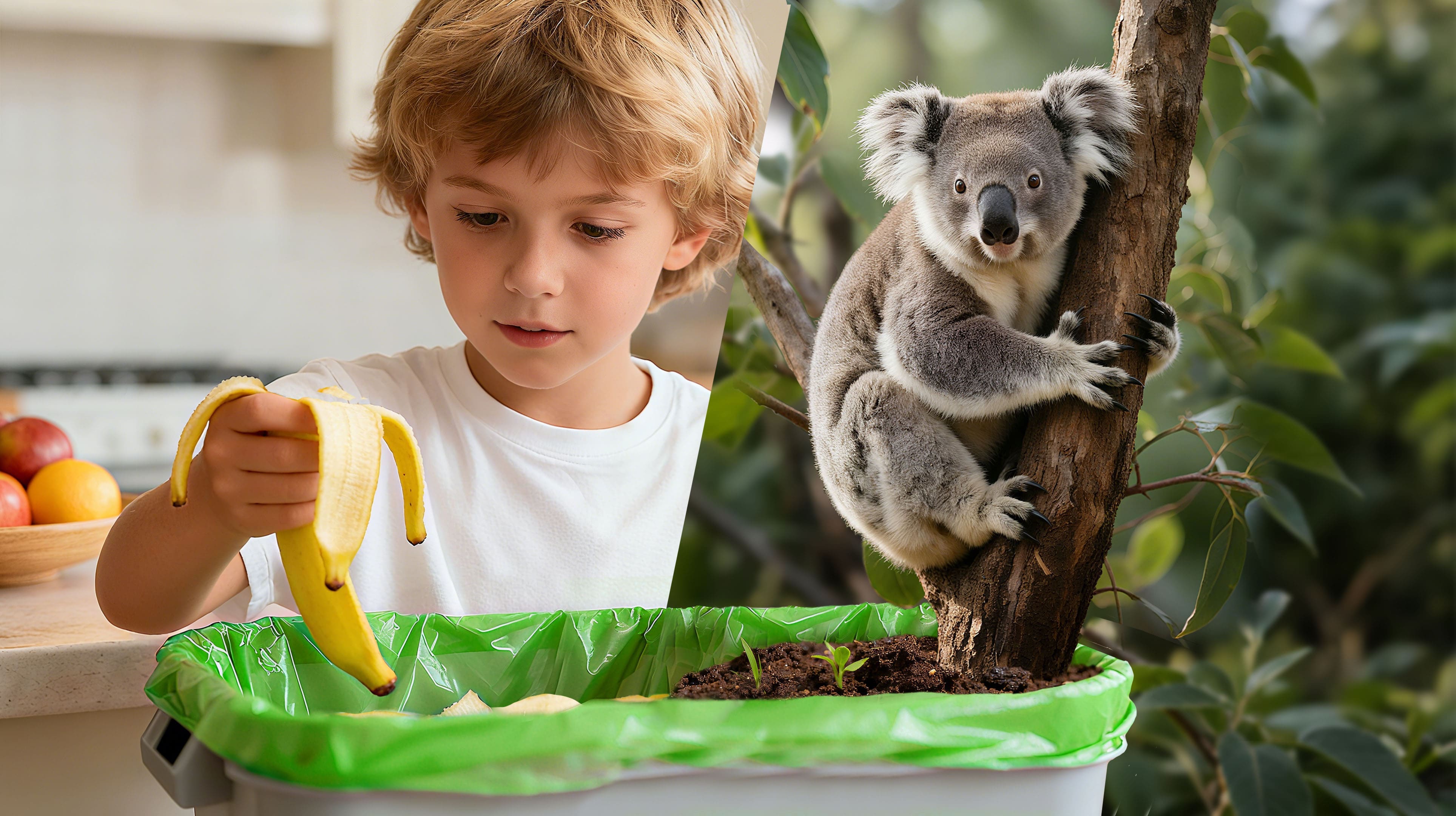 Child using Eco Friendly Bin Liners for kitchen food scraps - FOGO compliant