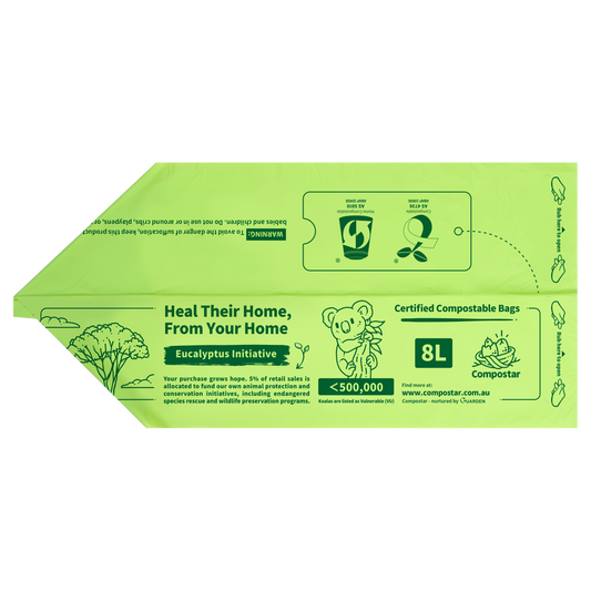 This rubbish bag is certified compostable. Made from plant-based compostable materials that safely decompose and are suitable  for approved councigreen bin / FOGO programs