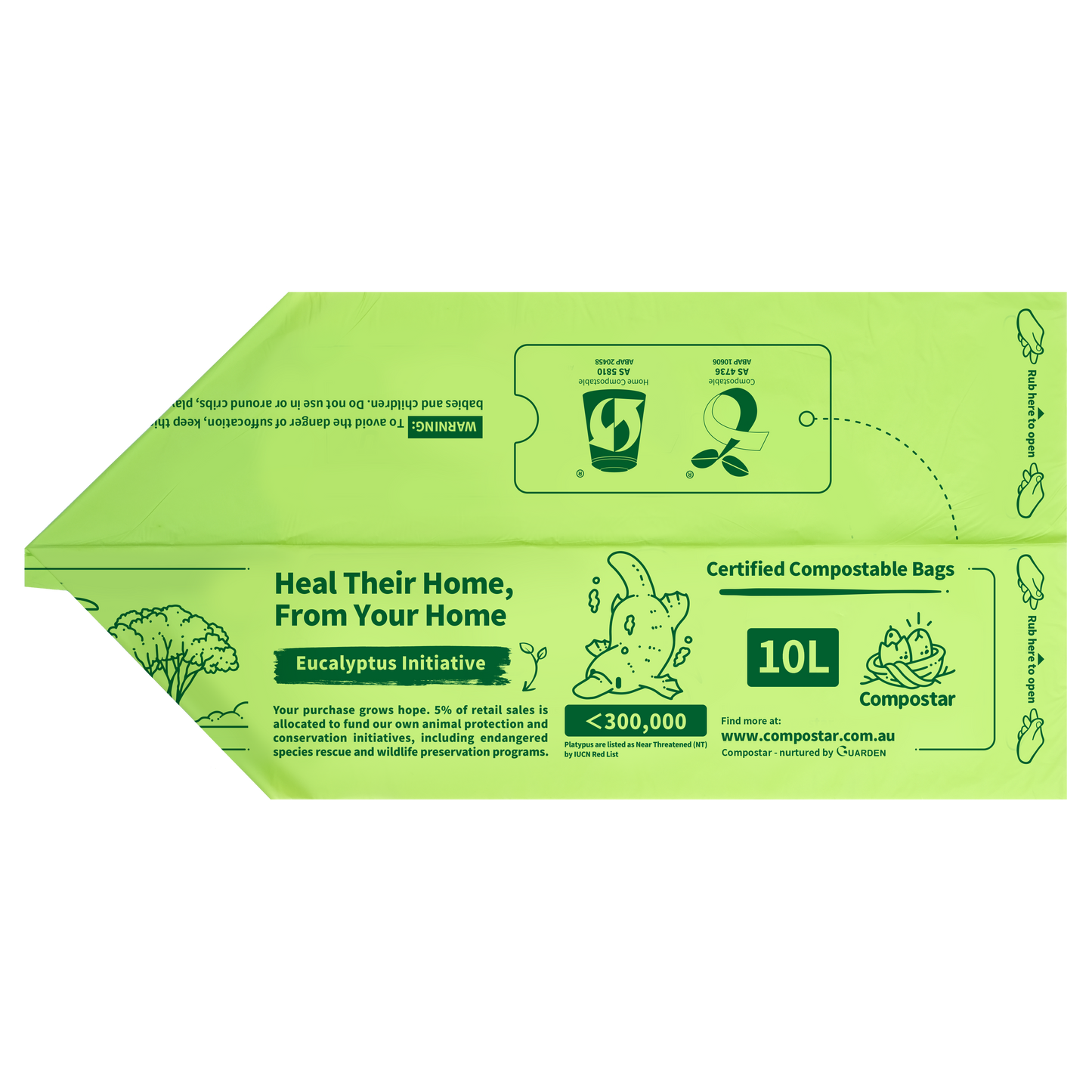 This rubbish bag is certified compostable. Made from plant-based compostable materials that safely decompose and are suitable  for approved councigreen bin / FOGO programs