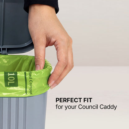 10L FOGO liners showing a perfect fit for a standard Australian council kitchen caddy