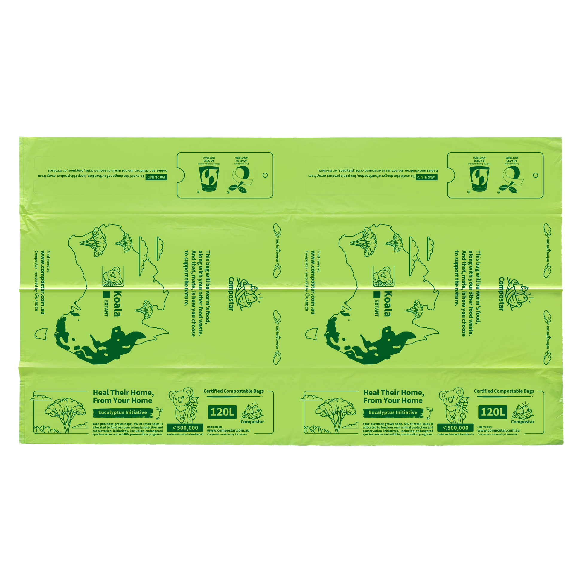 This rubbish bag is certified compostable. Made from plant-based compostable materials that safely decompose and are suitable  for approved councigreen bin / FOGO programs