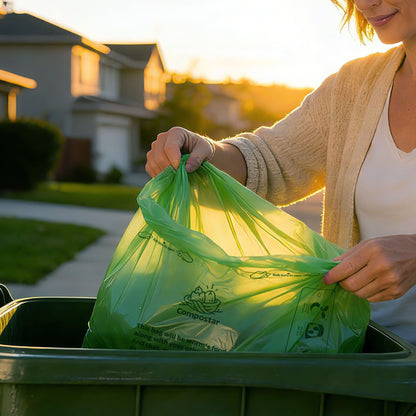 Lifestyle shot of a large roll of 120L Eco Friendly Bin Liners resting on an outdoor deck. These heavy-duty, Leak-Proof eco bin bags are designed as FOGO Bin Liners and Organics Bin Liners for council bins, suitable for large Green bin bags Council collection.