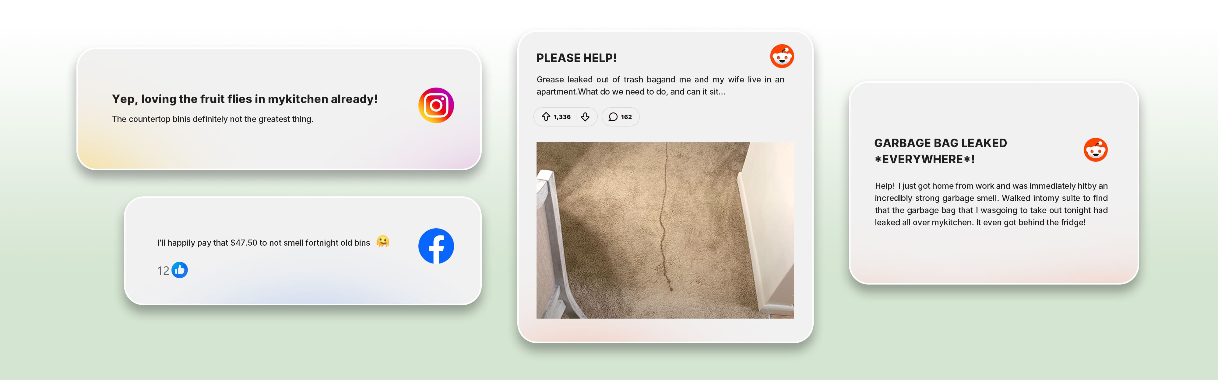 Collage of social media posts showing common FOGO bin problems: bin juice leaks on carpets, broken cornstarch bags, and complaints about kitchen smells. Compostar leak-proof paper caddy liners are designed to prevent these messy FOGO disasters.