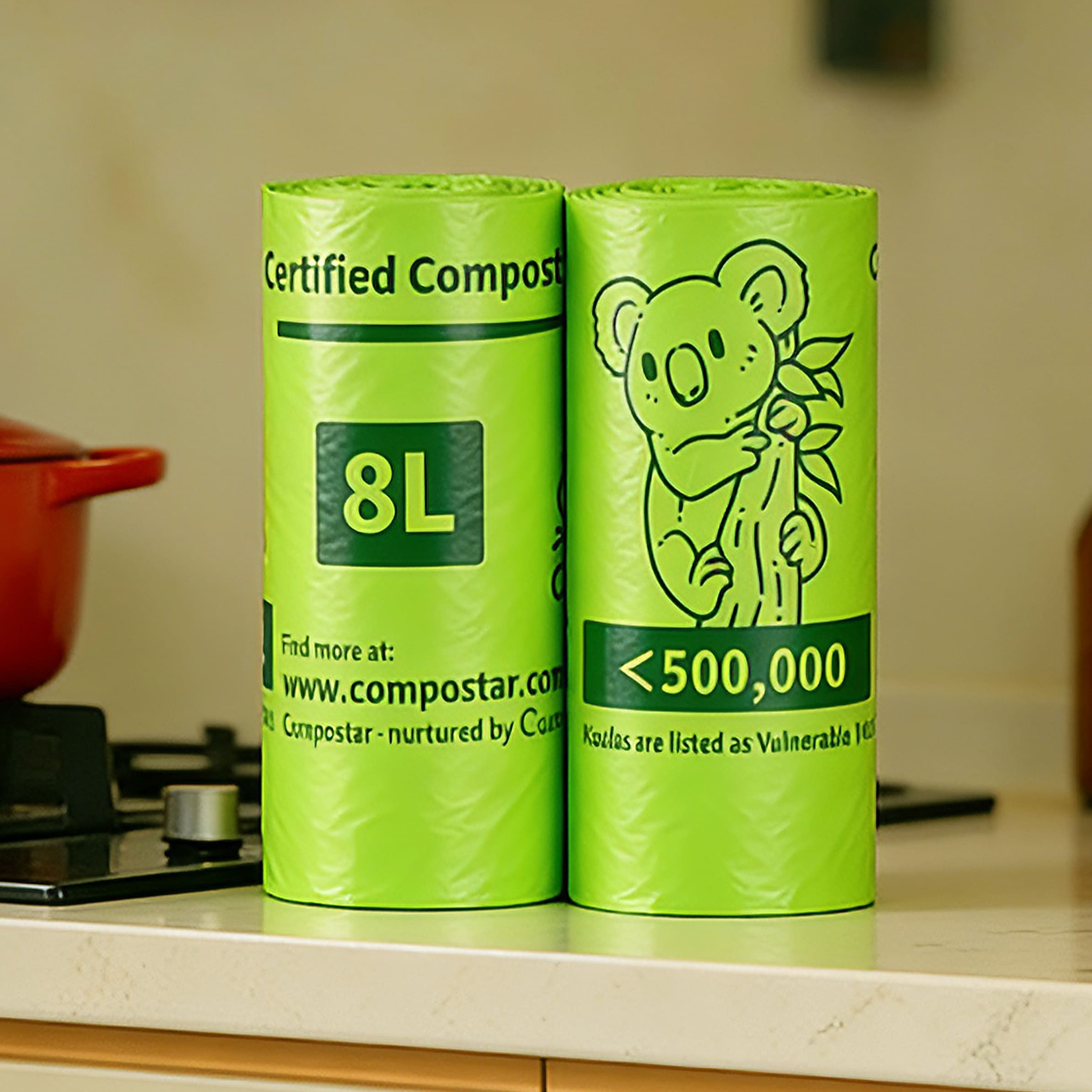 Lining a kitchen countertop bin with green compostable bag