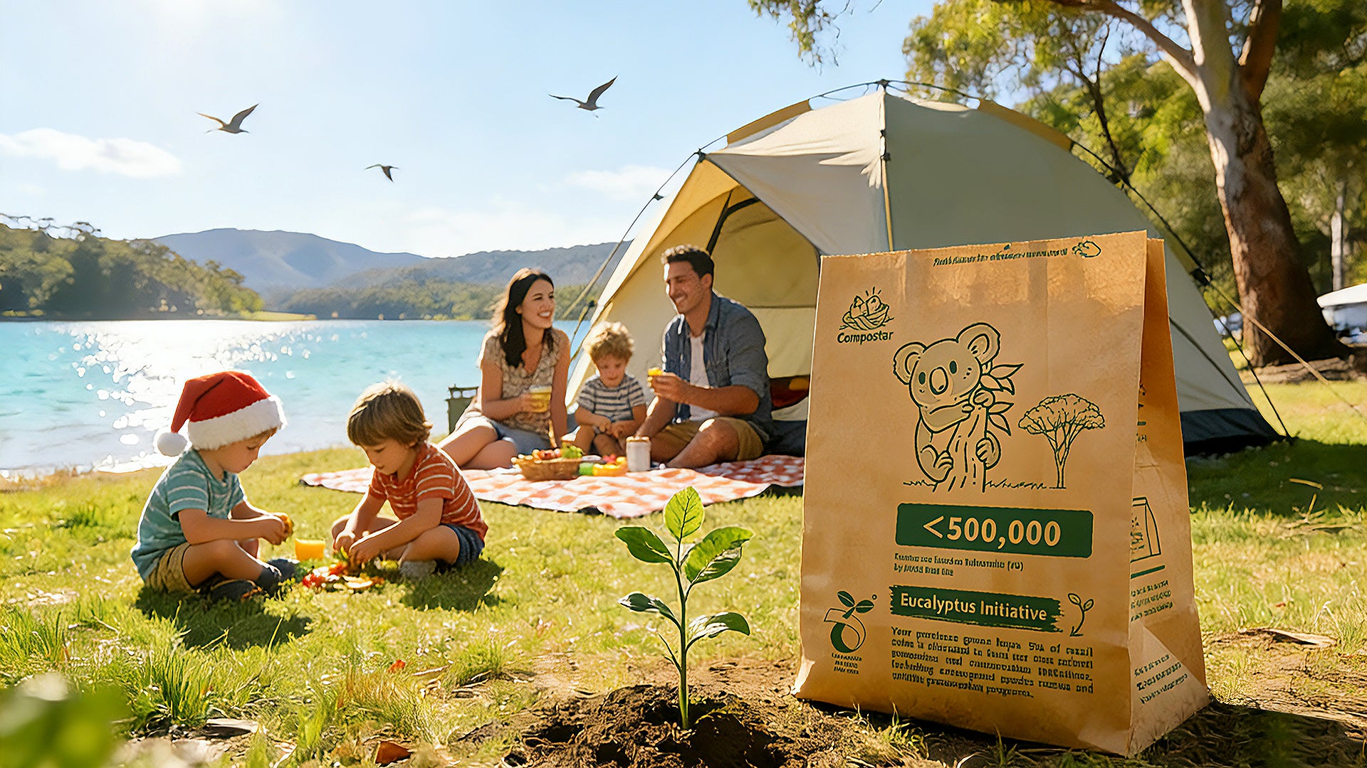 Family camping in Australia using self standing compostable paper bag for plastic free rubbish removal Leave No Trace
