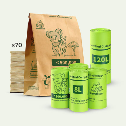 2-Month FOGO Bundle: 70 paper caddy liners, 4 Small bin liner rolls & 120L bin bag. These Leak-Proof bin liner solutions are the best eco bin bags for Food Scrap Bags and Green bin bags Council collection.