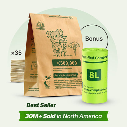Compostar 35-pack self-standing paper FOGO bags with free bonus 8L cornstarch roll. Packaging shows AS 4736 seedling logo and koala design. Best seller in North America.