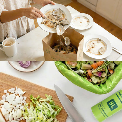 Person scraping food scraps into a Compostar paper bag on a kitchen counter. Shows chopping vegetables and using the bonus 8L green compostable liner for easy waste disposal.