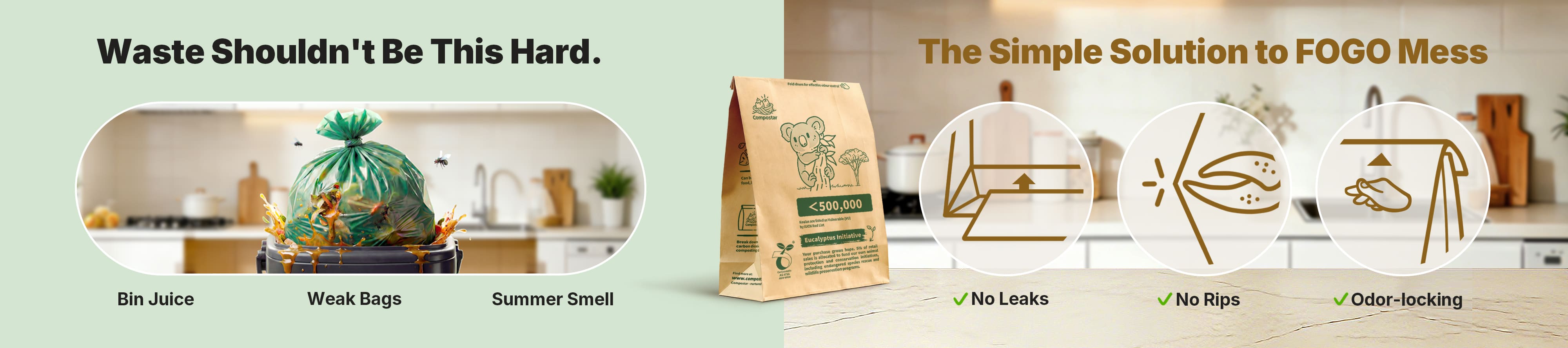 Comparison banner: "Waste Shouldn't Be This Hard" vs "The Simple Solution to FOGO Mess". Left side shows a leaky plastic bag with bin juice, flies, and summer smell. Right side shows a clean Compostar self-standing paper bag with no leaks, no rips, and odor-locking seal.
