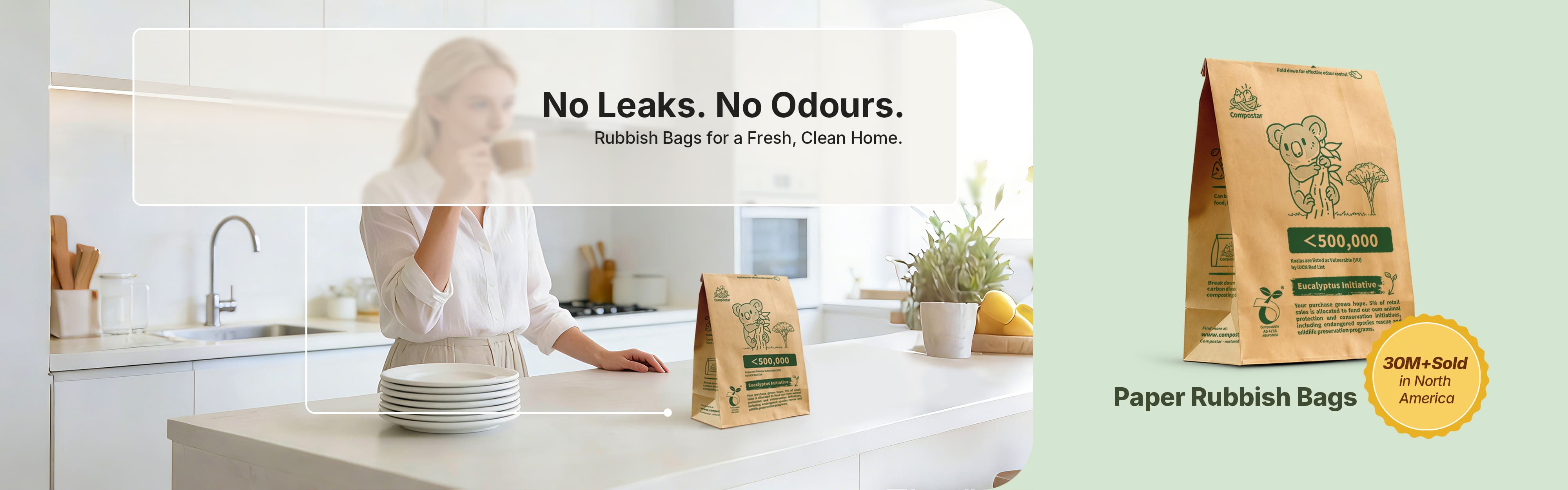 Woman enjoying a clean kitchen with a Compostar self-standing paper FOGO bag on the benchtop. Highlights 30M+ sold and mess-free food scrap disposal.