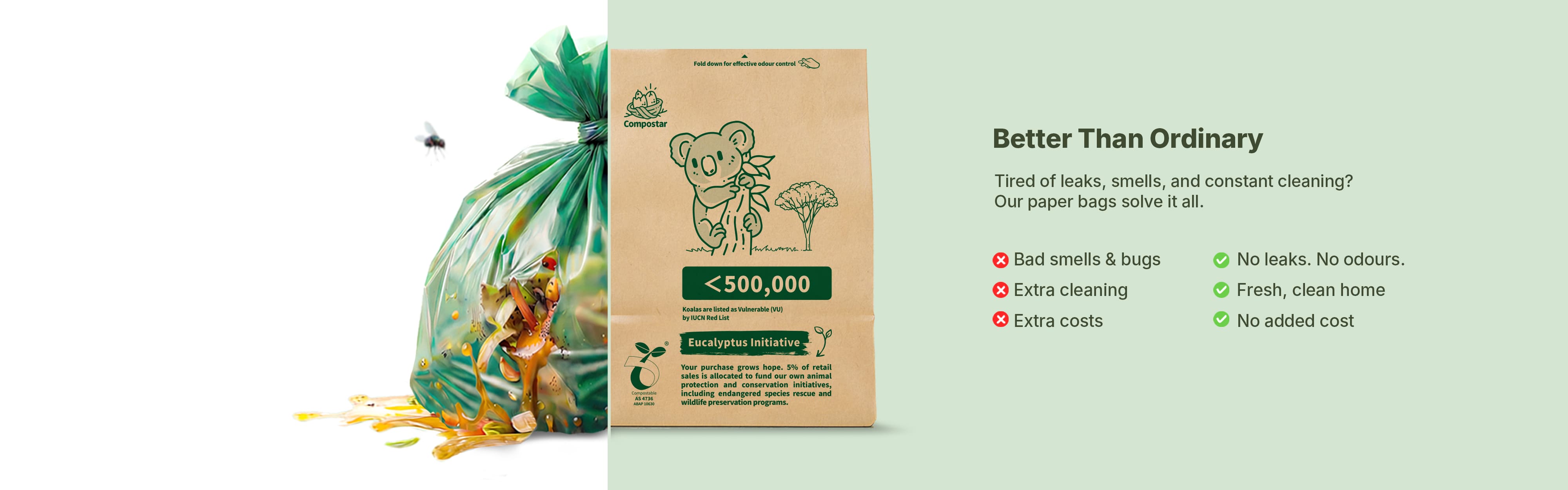 Comparison of a leaking green plastic bin liner with bin juice and flies versus a clean Compostar self-standing paper bag. Highlights key benefits: no leaks, no odours, and no bugs for kitchen food waste.