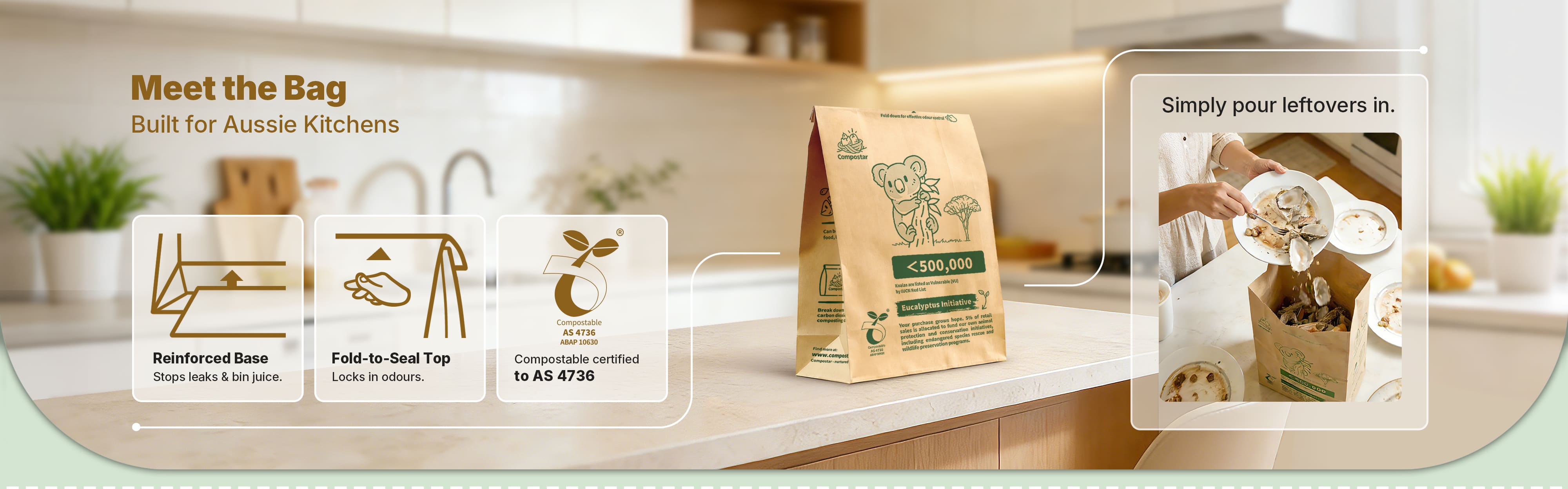 Compostar paper bin liner features for Aussie kitchens: reinforced base to stop leaks, fold-to-seal top to lock in odours, and AS 4736 compostable certification. Shows user scraping food scraps into a self-standing bag.