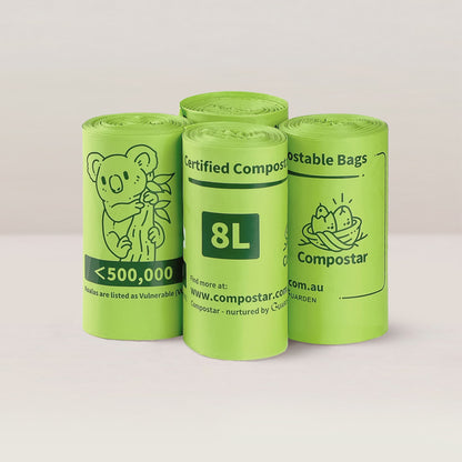 8L small compostable cornstarch bin liners - 4 rolls for daily FOGO kitchen caddy use