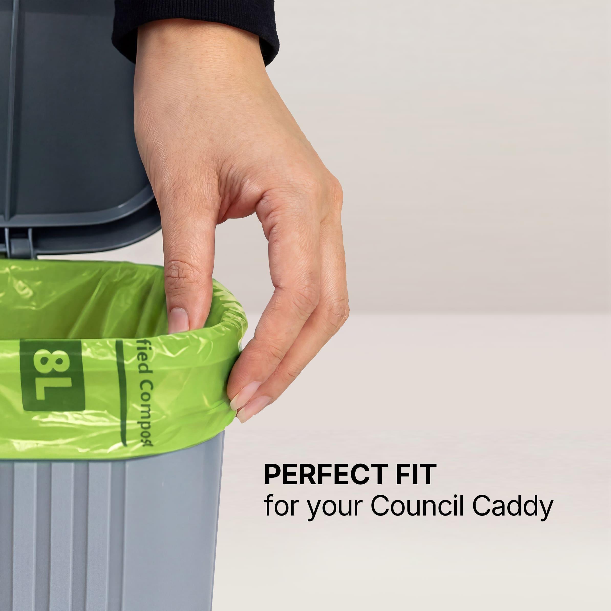 8L FOGO bags showing a perfect fit for a standard Australian council green caddy