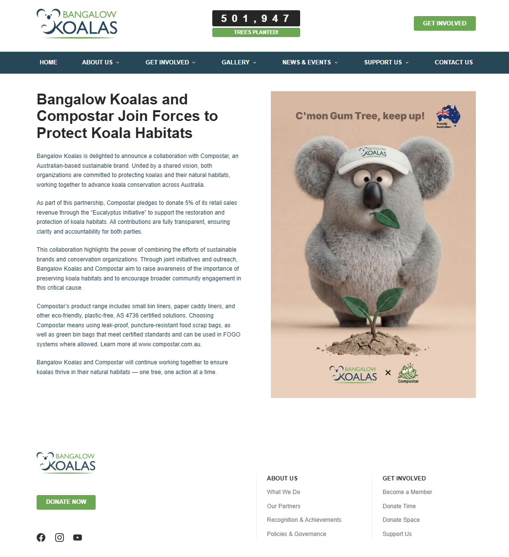 One Bag One Tree: Protecting Australian koala habitats through Compostar’s Eucalyptus Initiative with certified compostable solutions.