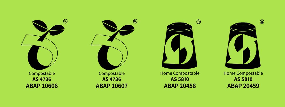 ABA Certified Compostable logos AS 4736 (Seedling) and AS 5810 (Home Compostable) standards verified for Australian use.