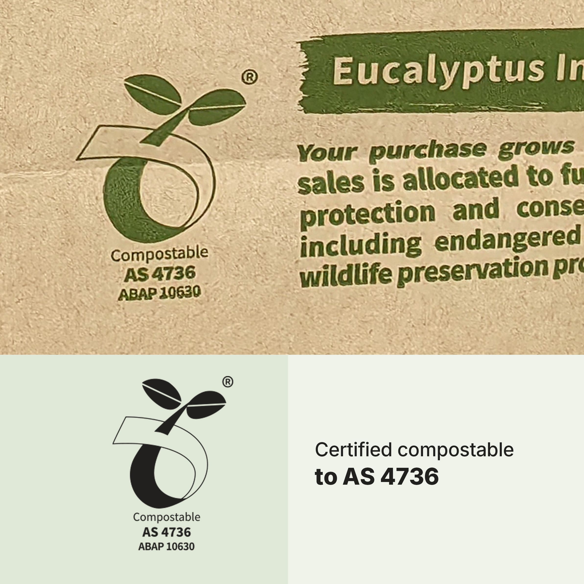 Close up of AS 4736 Seedling Logo on Compostar bag. Text reads 'Certified compostable to AS 4736' and 'Eucalyptus Initiative', proving acceptance in Australian council green bins.