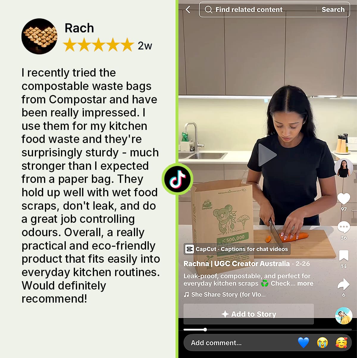Australian creator Rachna reviewing sturdy Compostar paper compostable waste bags for kitchen scraps.