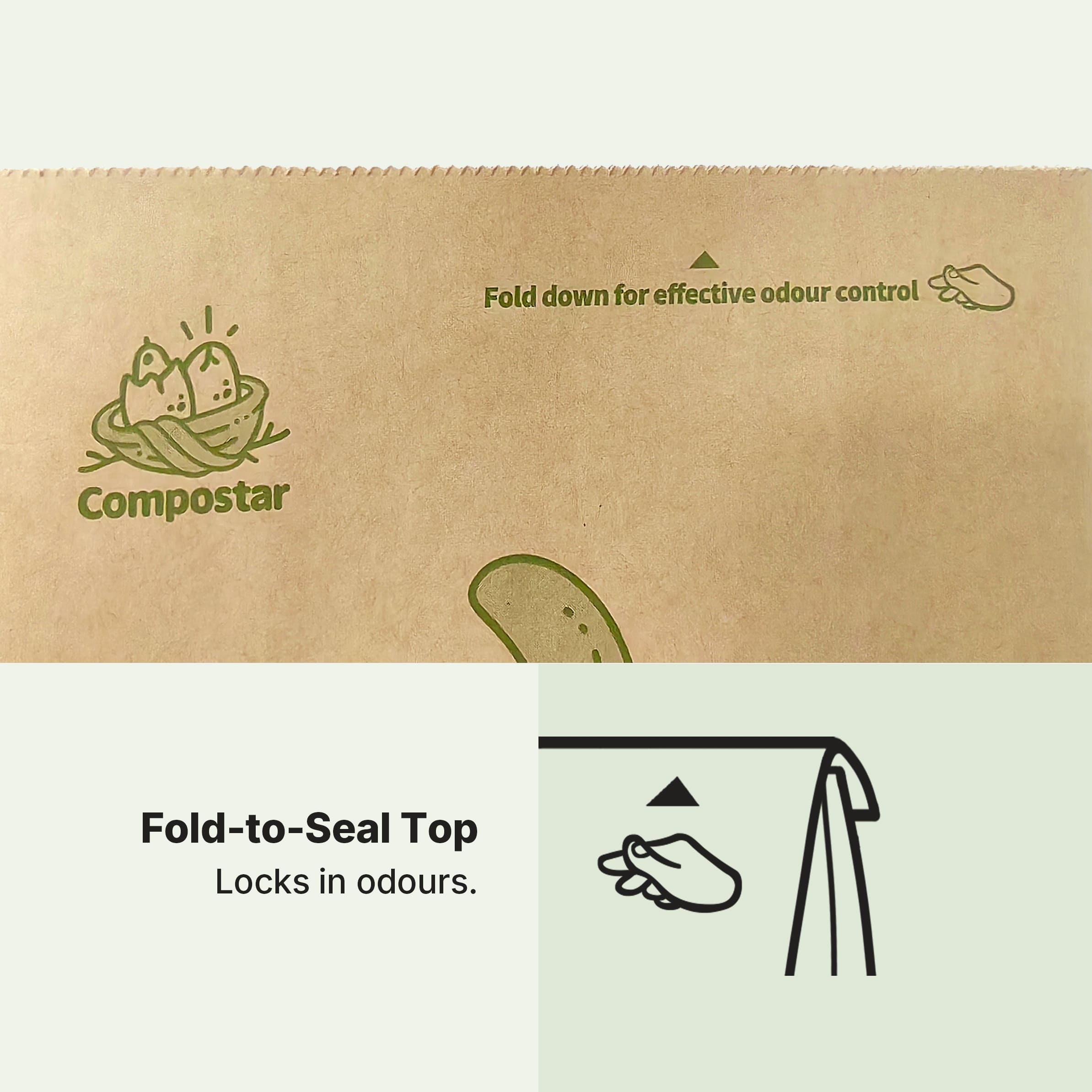 Diagram illustrating the Fold-to-Seal Top feature of Compostar paper bags. Shows how to fold the bag to lock in odours and prevent bin smells.