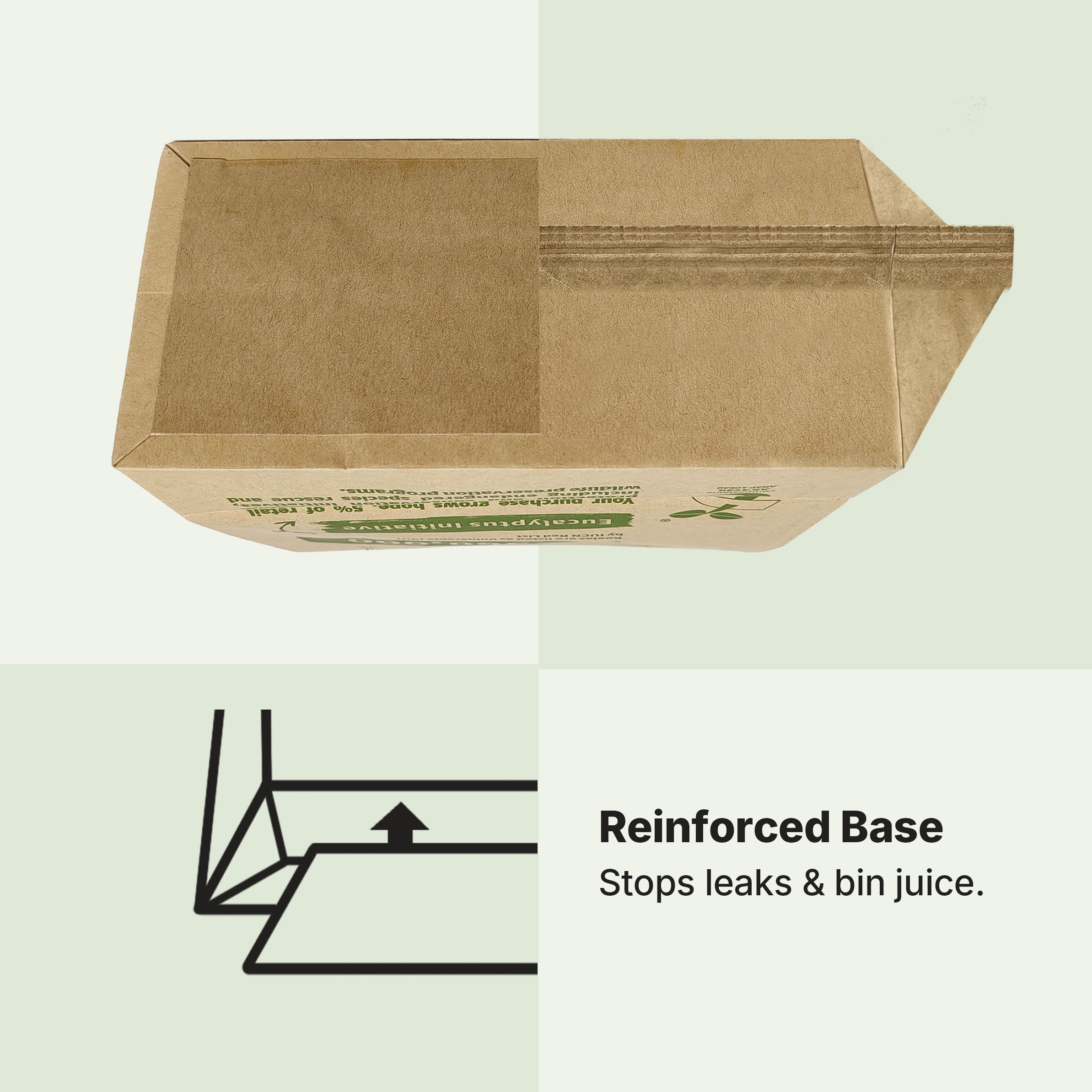 Illustration of the Reinforced Square Base on Compostar paper bags. Designed to stop leaks and prevent bin juice on your kitchen benchtop.