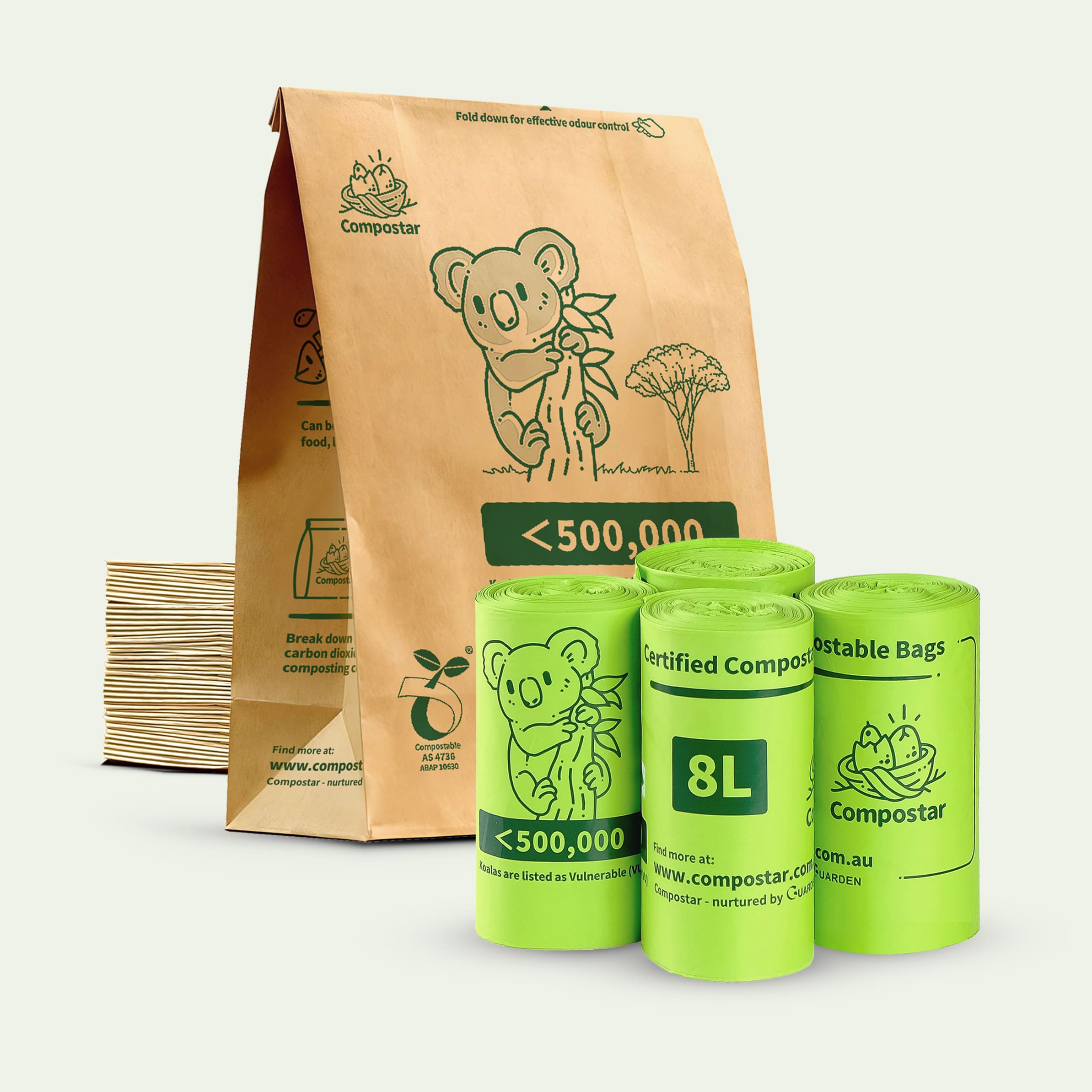 Compostar Ultimate FOGO Bundle with Free Shipping. Includes 35x self-standing paper bags, 4x 8L cornstarch rolls. Certified compostable AS 4736 for Australian green bins.