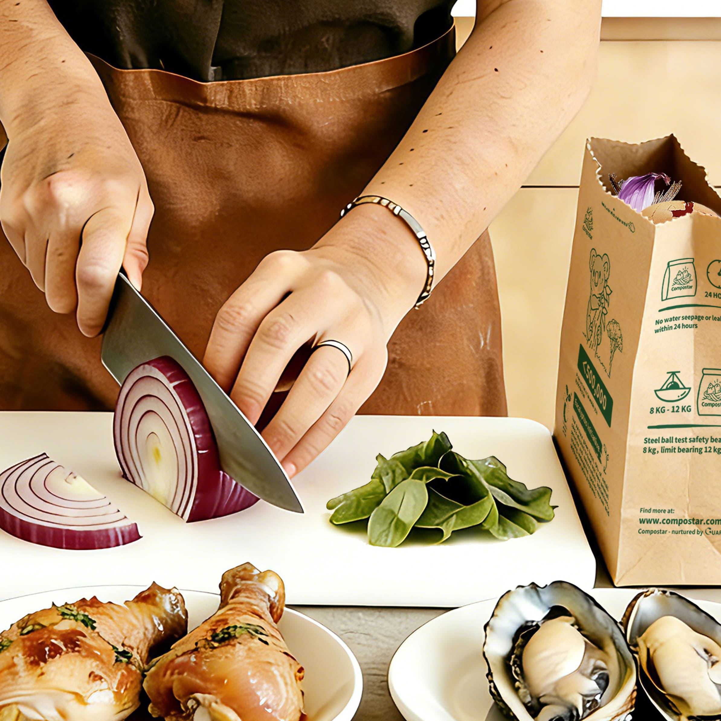 Food Scrap Bags on kitchen benchtop holding meat and wet waste - No Caddy Needed