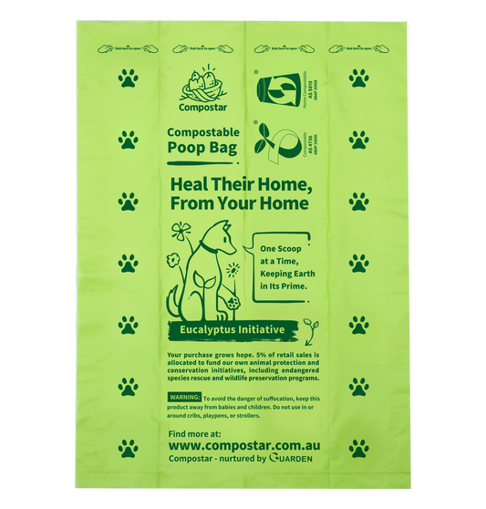 This rubbish bag is certified compostable. Made from plant-based compostable materials that safely decompose and are suitable  for approved councigreen bin / FOGO programs,Strong & leak-proof for on-the-go clean-ups· Easy tear-off designa,no microplastics, Safe for soil and waterways The eco-conscious pet owner's choice