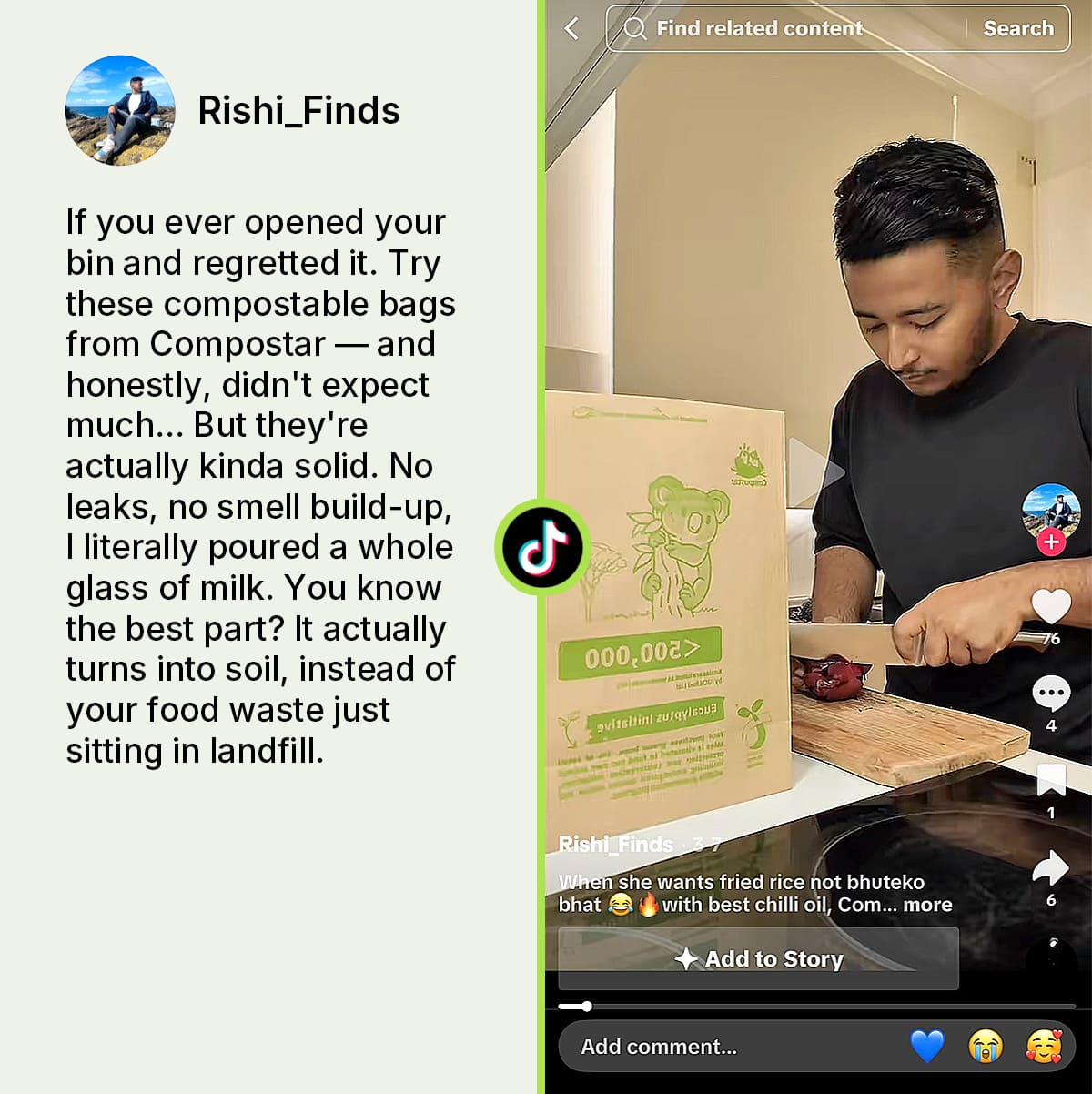 TikTok review by Rishi_Finds testing Compostar leak-proof FOGO bag with milk.