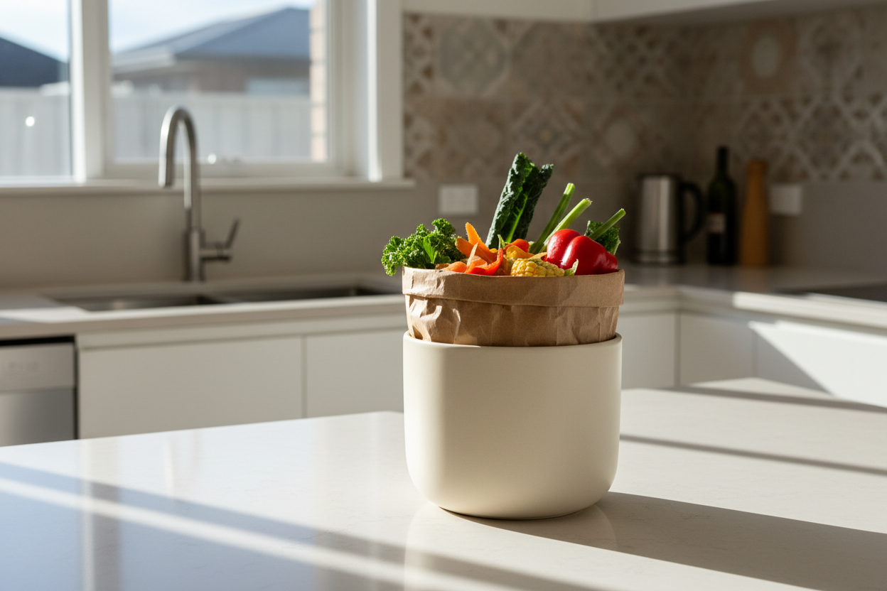 Kitchen food waste caddy showing proper moisture control for FOGO collection"