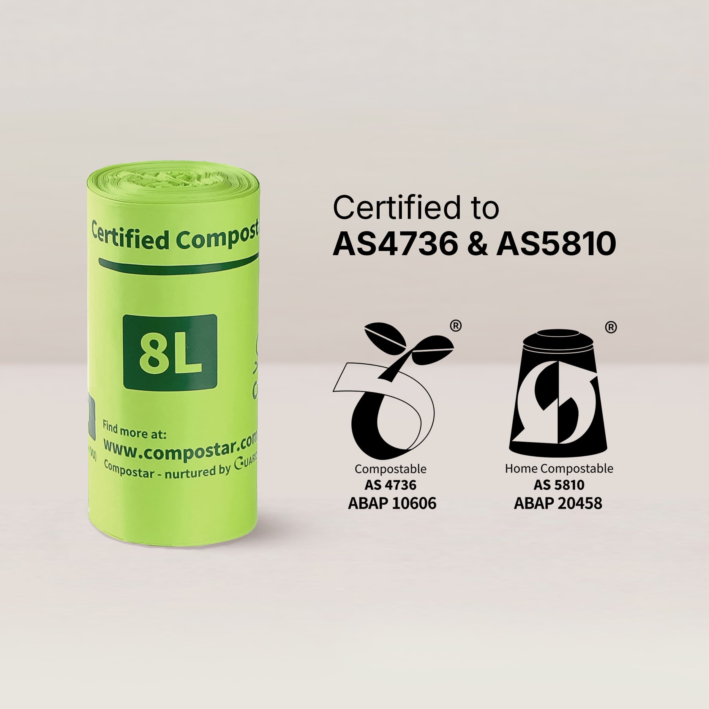 AS4736 certified 8L compostable bags accepted by Australian councils for green bins