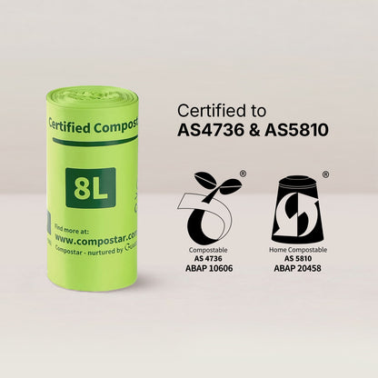 AS4736 certified 8L compostable bags accepted by Australian councils for green bins