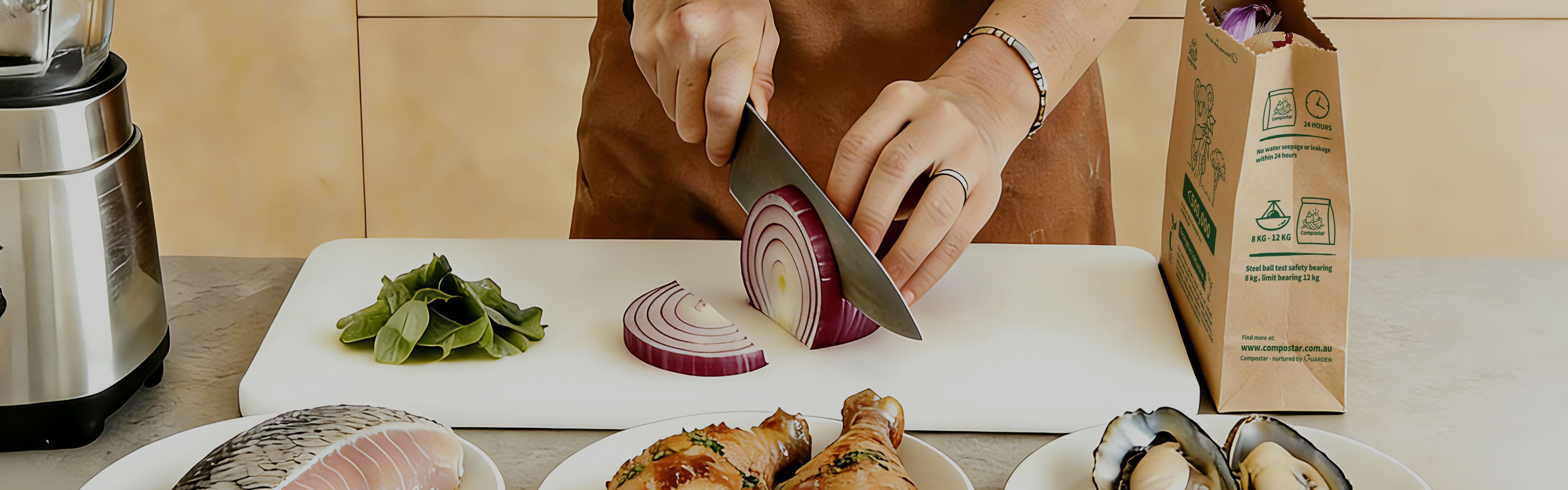 Compostable paper kitchen caddy liner standing on counter during food prep - Australia's toughest bin liners.
