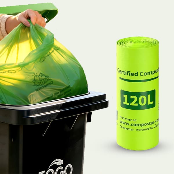 Compostar 120L heavy duty FOGO wheelie bin liners: AS 4736 certified compostable bags for outdoor garden organics and large green bins in Sydney and Melbourne.