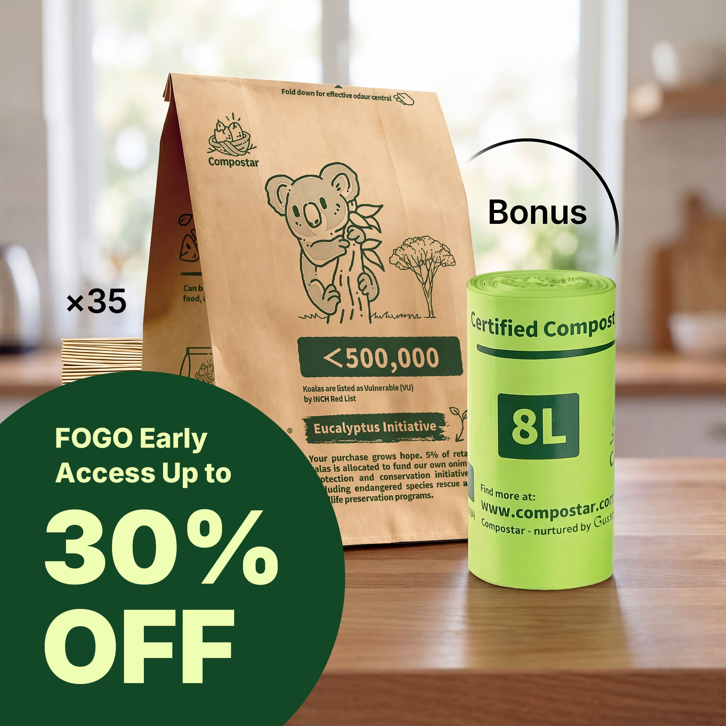 Compostar FOGO bundle featuring 35 standing paper food waste bags and a free bonus roll of 8L compostable film liners for kitchen caddy.