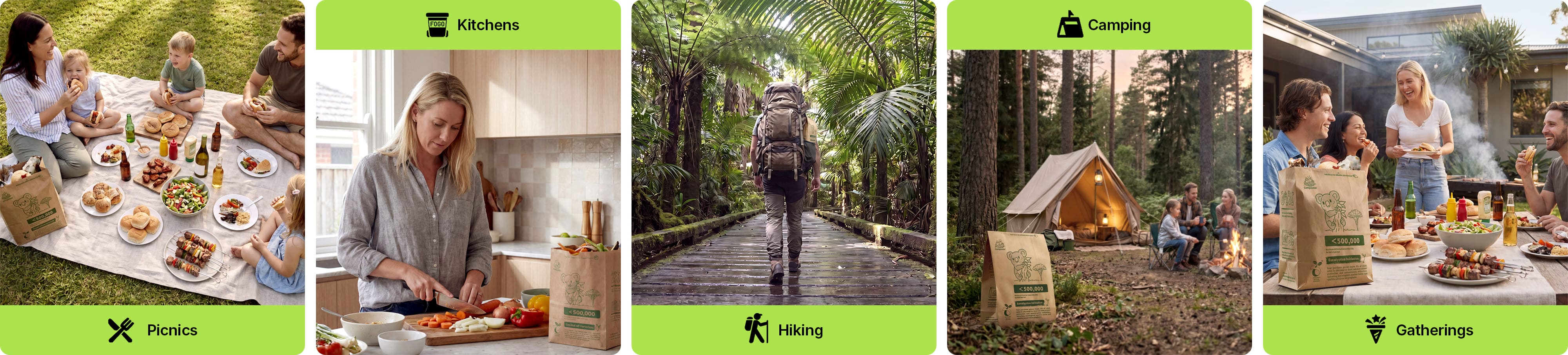 Compostar robust 72-hour leak-proof paper FOGO bags for five key Australian settings: daily kitchen use in Melbourne, sunlit picnics in Sydney, wilderness hiking, remote camping, and festive backyard gatherings.