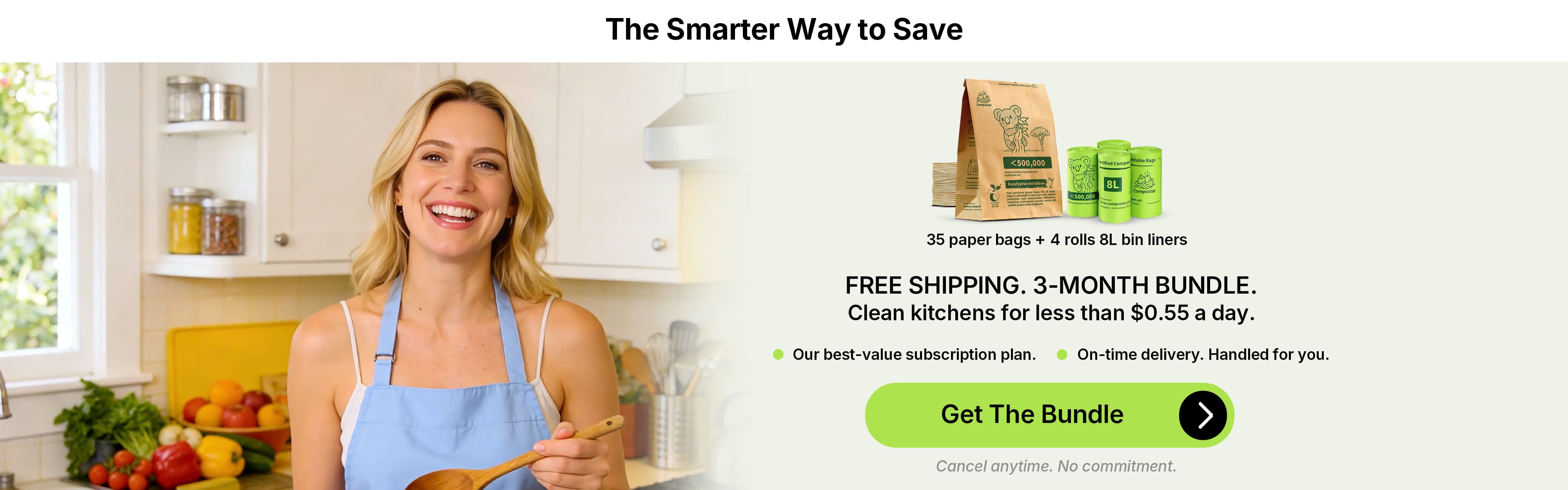 Compostar 3-month eco-friendly kitchen waste subscription bundle including 35 leak-proof paper bags and 4 rolls of 8L compostable bin liners with free shipping.