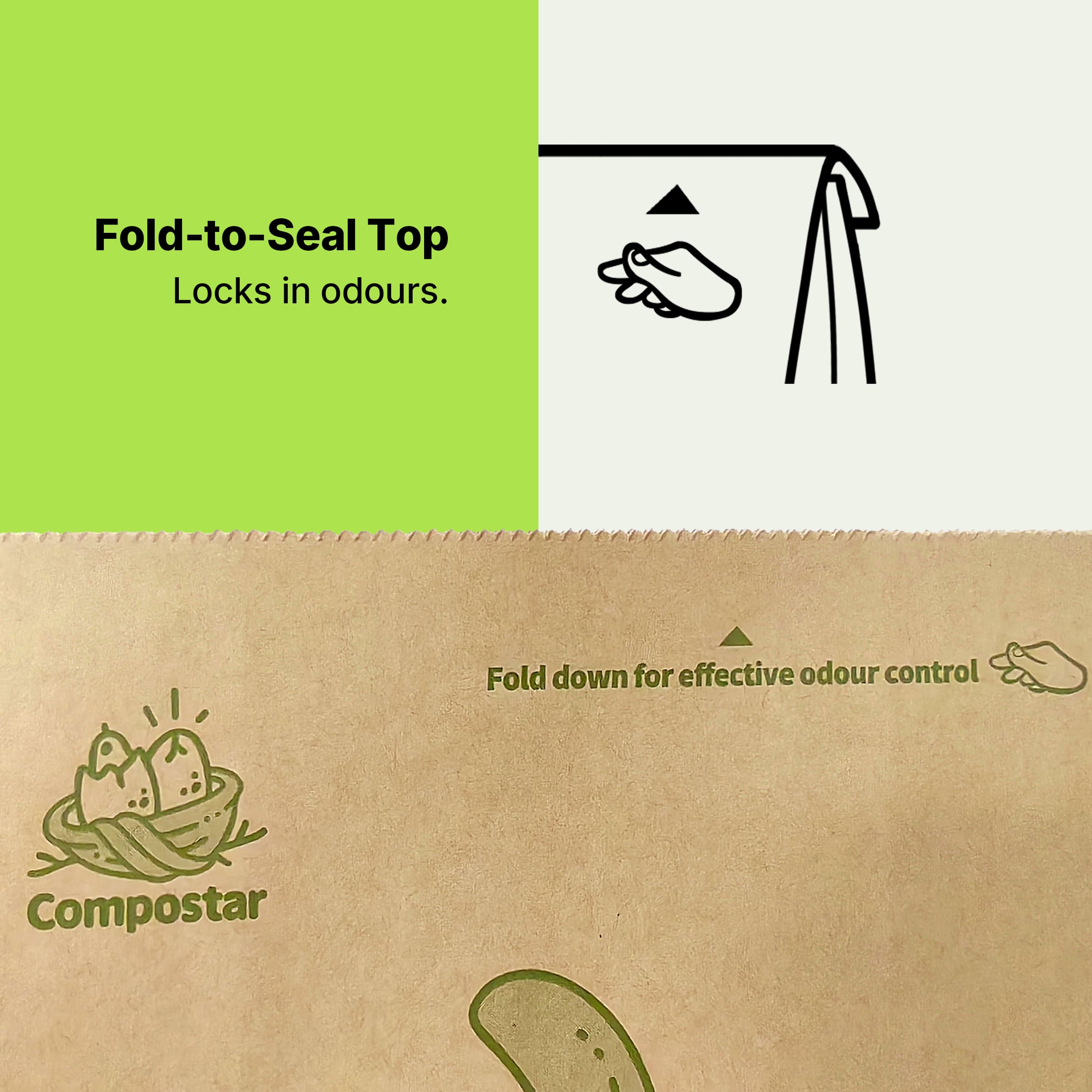 Compostar FOGO paper bags featuring a fold-to-seal top design for effective kitchen odour control and mess-free disposal.