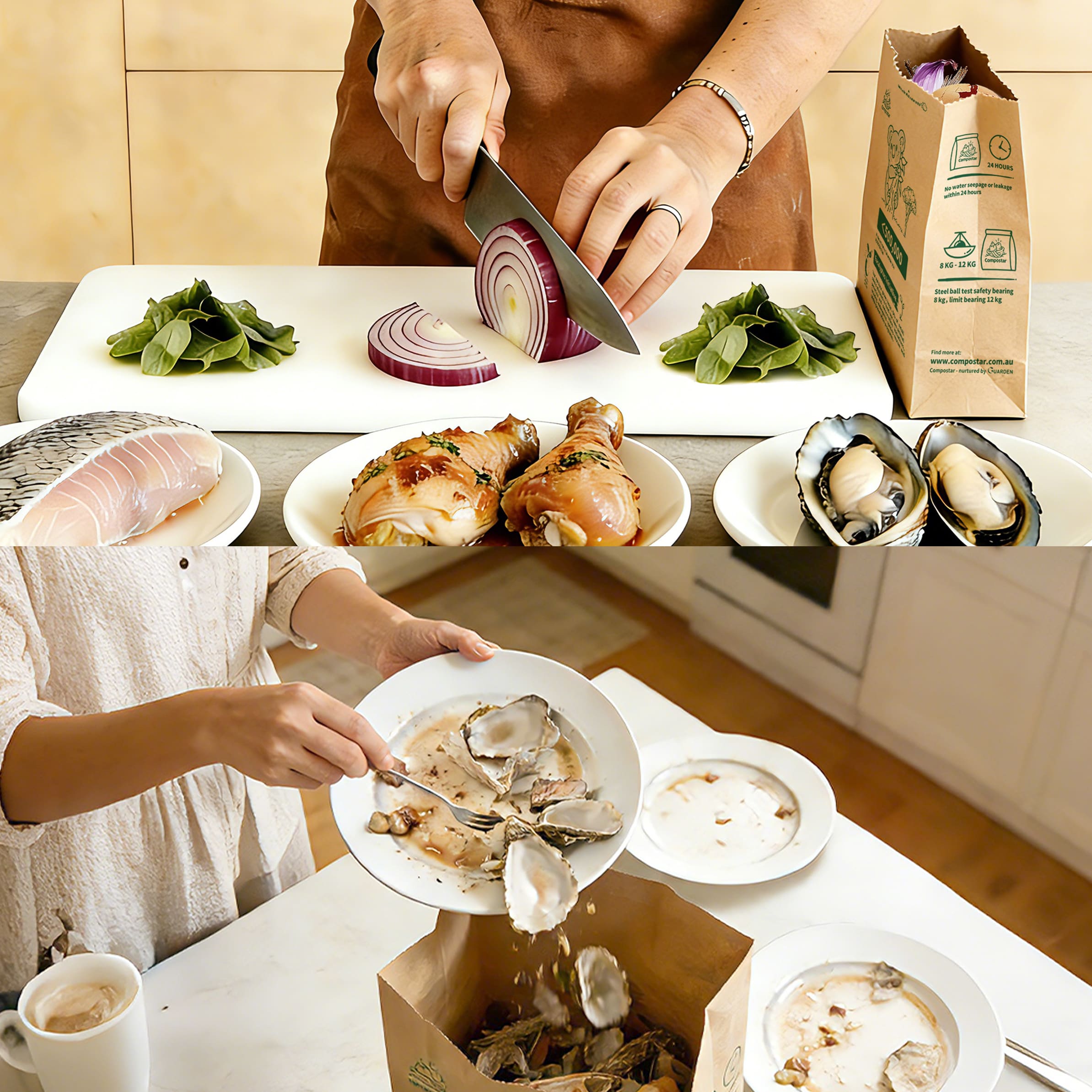 Practical kitchen use of Compostar FOGO paper liners holding heavy and wet food waste like oyster shells and chicken bones without tearing.