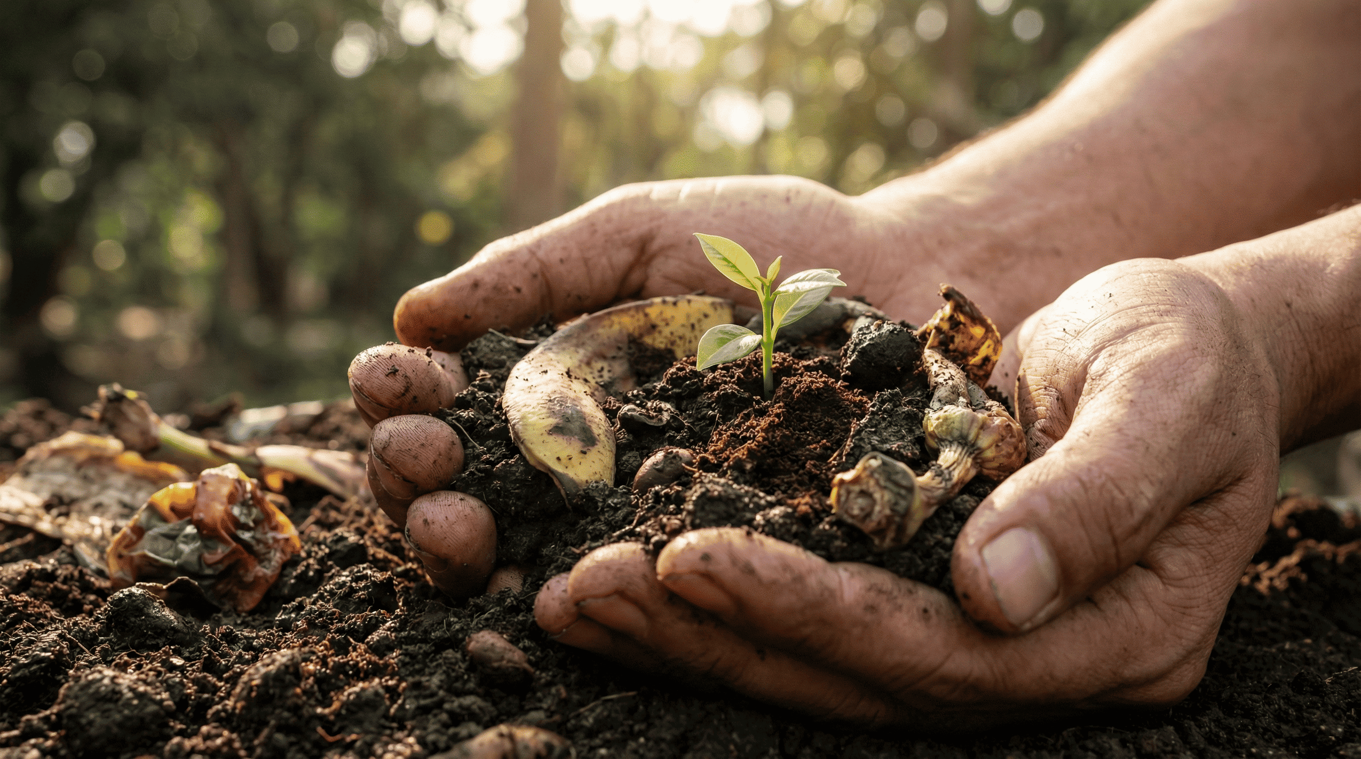 Hands holding nutrient-rich compost soil transformed from kitchen scraps, illustrating 300kg of waste diverted from Australian landfills per household.
