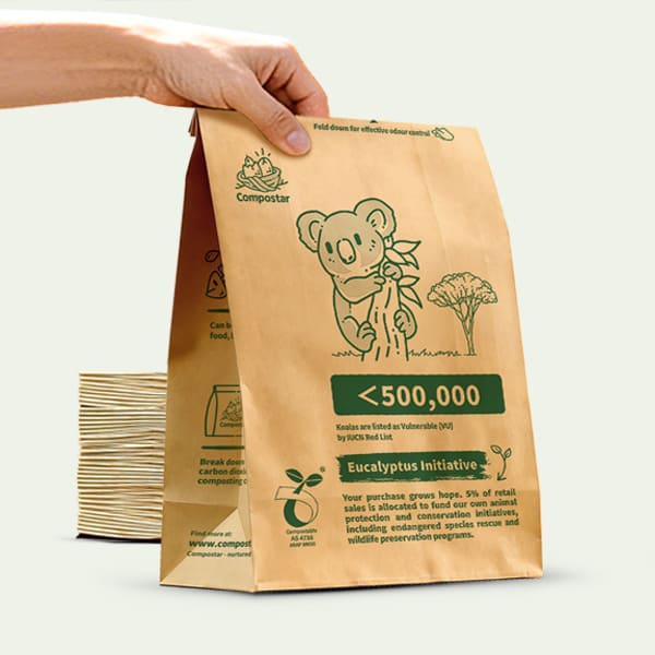 Compostar leak-proof FOGO paper bags: AS 4736 certified, odor-free kitchen waste bags supporting the Eucalyptus Initiative for koala protection.
