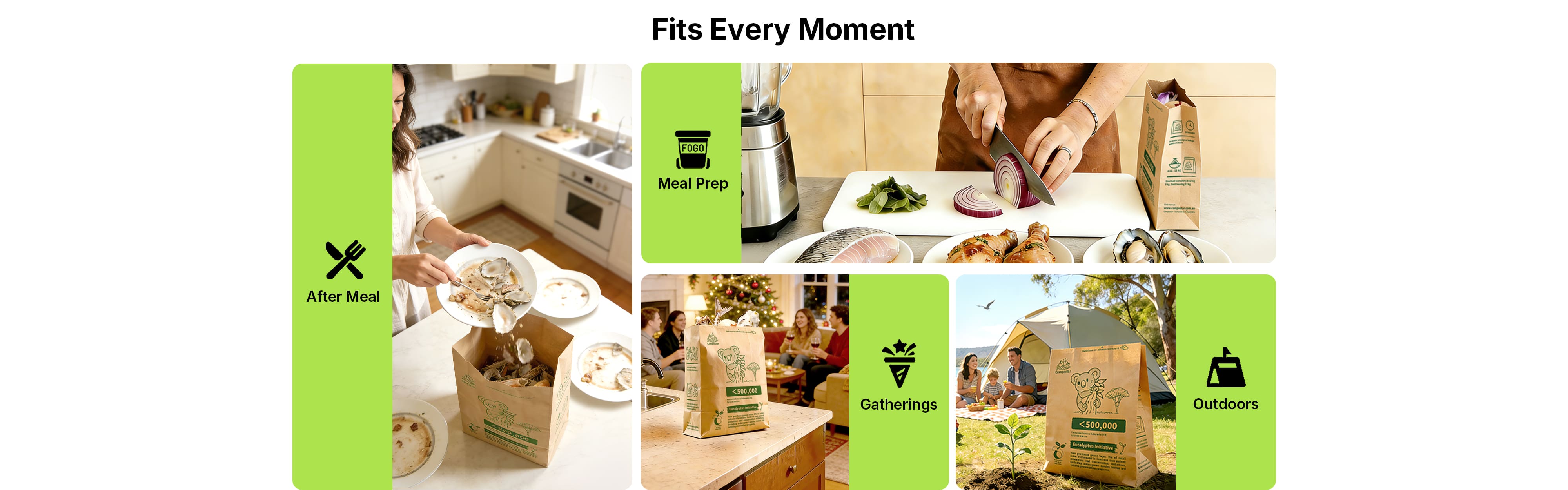 Versatile usage of Compostar leak-proof compostable paper bags for kitchen meal prep, after-meal clean up, dinner party gatherings, and outdoor camping waste disposal.