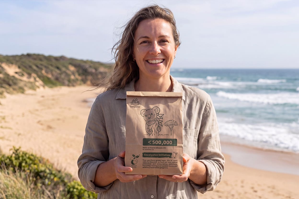 A Compostar team member holding a robust paper FOGO bag, representing a brand born for Australian soil and rooted in local responsibility.