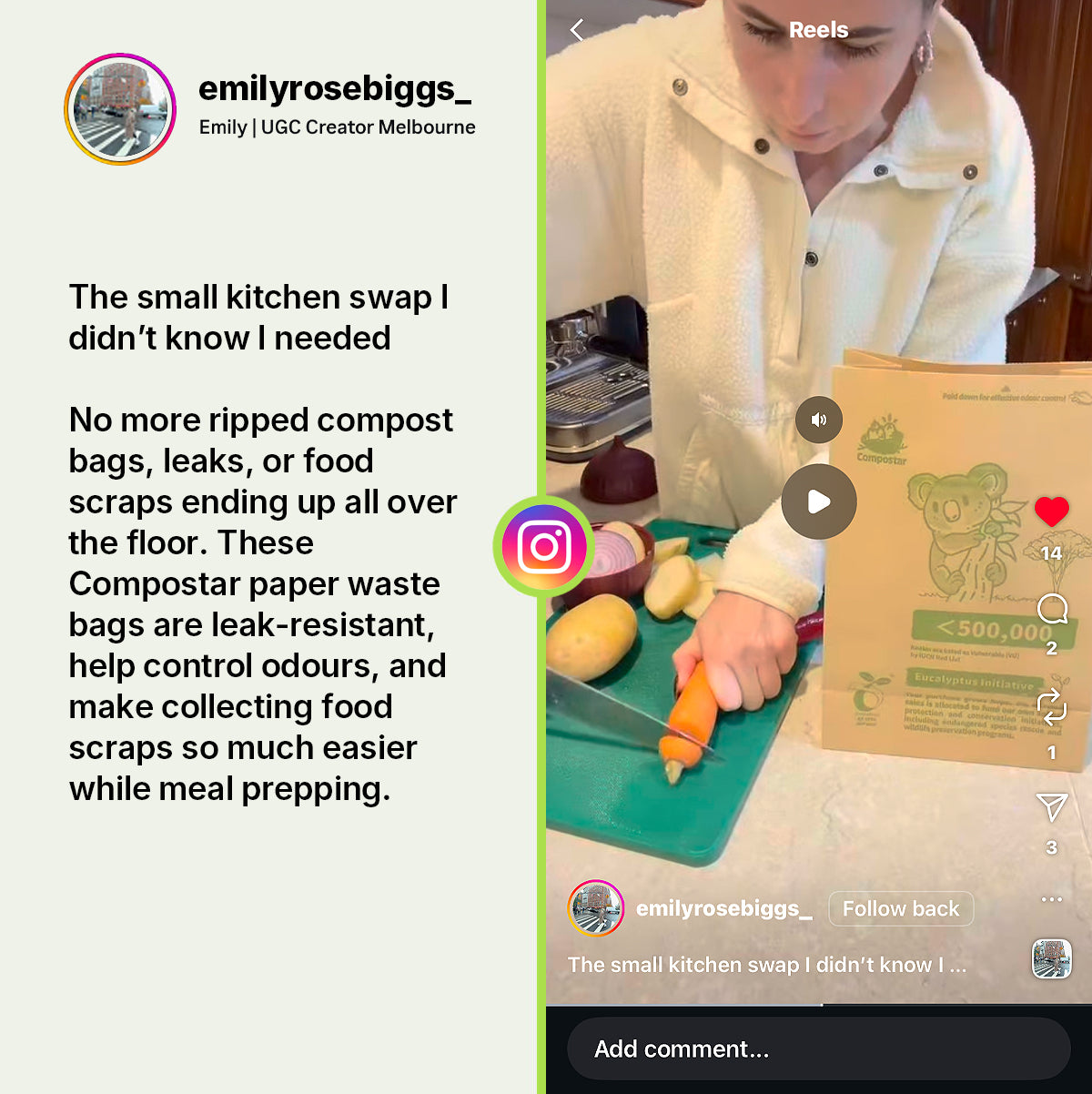 Mobile-Melbourne UGC creator Emily using leak-resistant CompoStar paper waste bags to control odours while meal prepping.