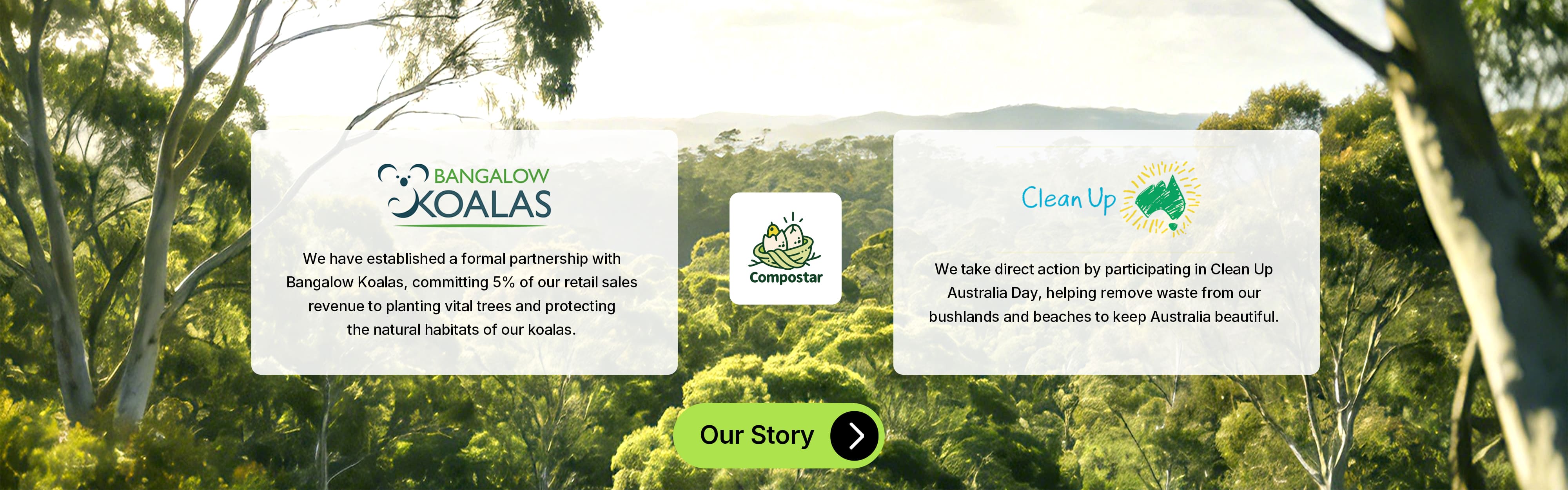 Compostar Eucalyptus Initiative 5% sales donation to Bangalow Koalas for habitat restoration and direct participation in Clean Up Australia Day to protect the environment.