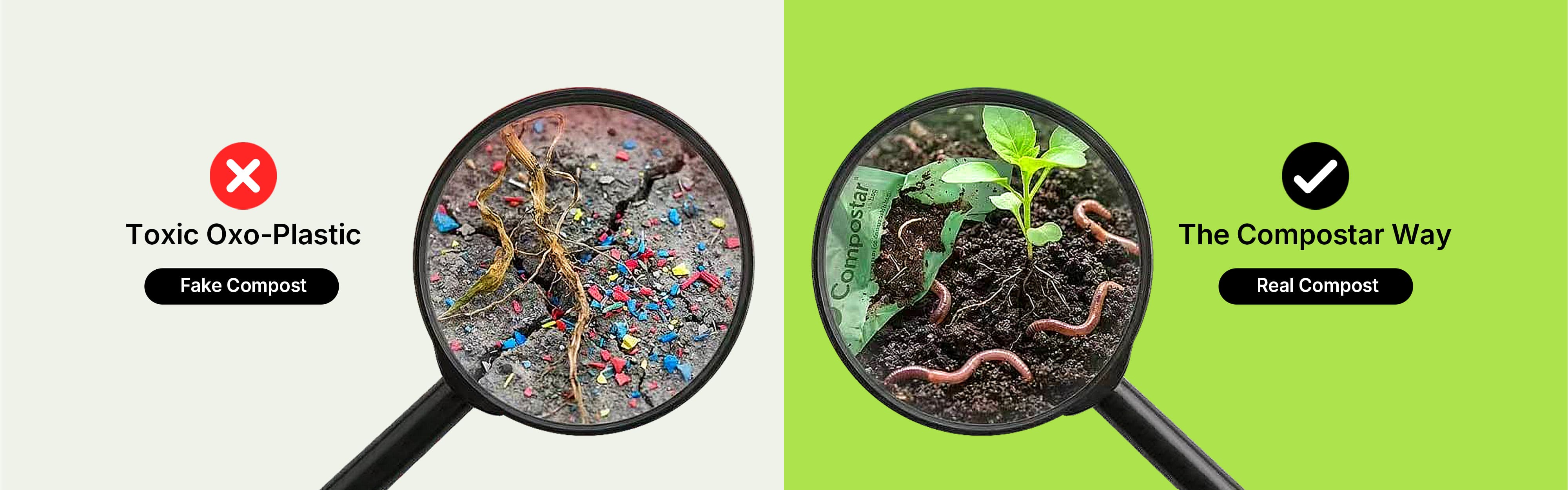 Comparison of toxic oxo-plastic microplastics versus Compostar real compostable bags turning into healthy soil with worms.